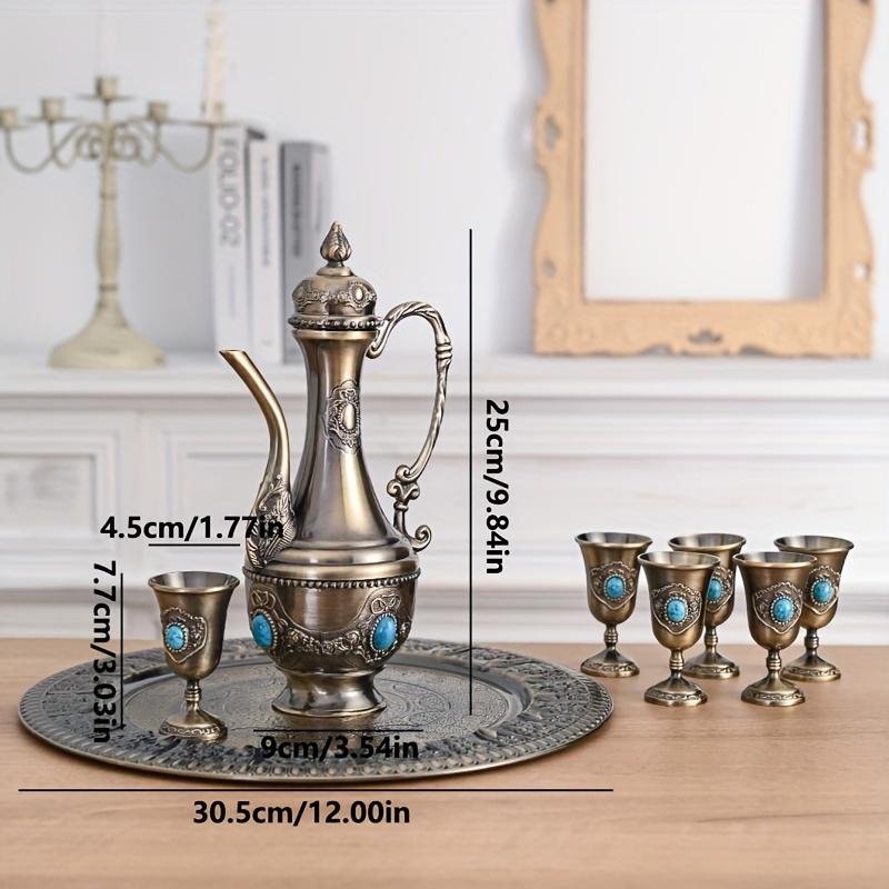 1 Set Retro High-end Inlaid Gemstone Metal Teaware Wineware Drinkware Set Hotel Restaurant On Tea Wine Props. Contains 1pcs Pot 1pcs Tray 6pcs Cups Su