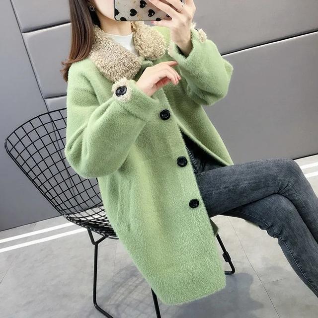 Imitação de vison veludo sólido gola virada casacos femininos coreano malha cardigan elegante manga longa topos outono outerwear solto feminino