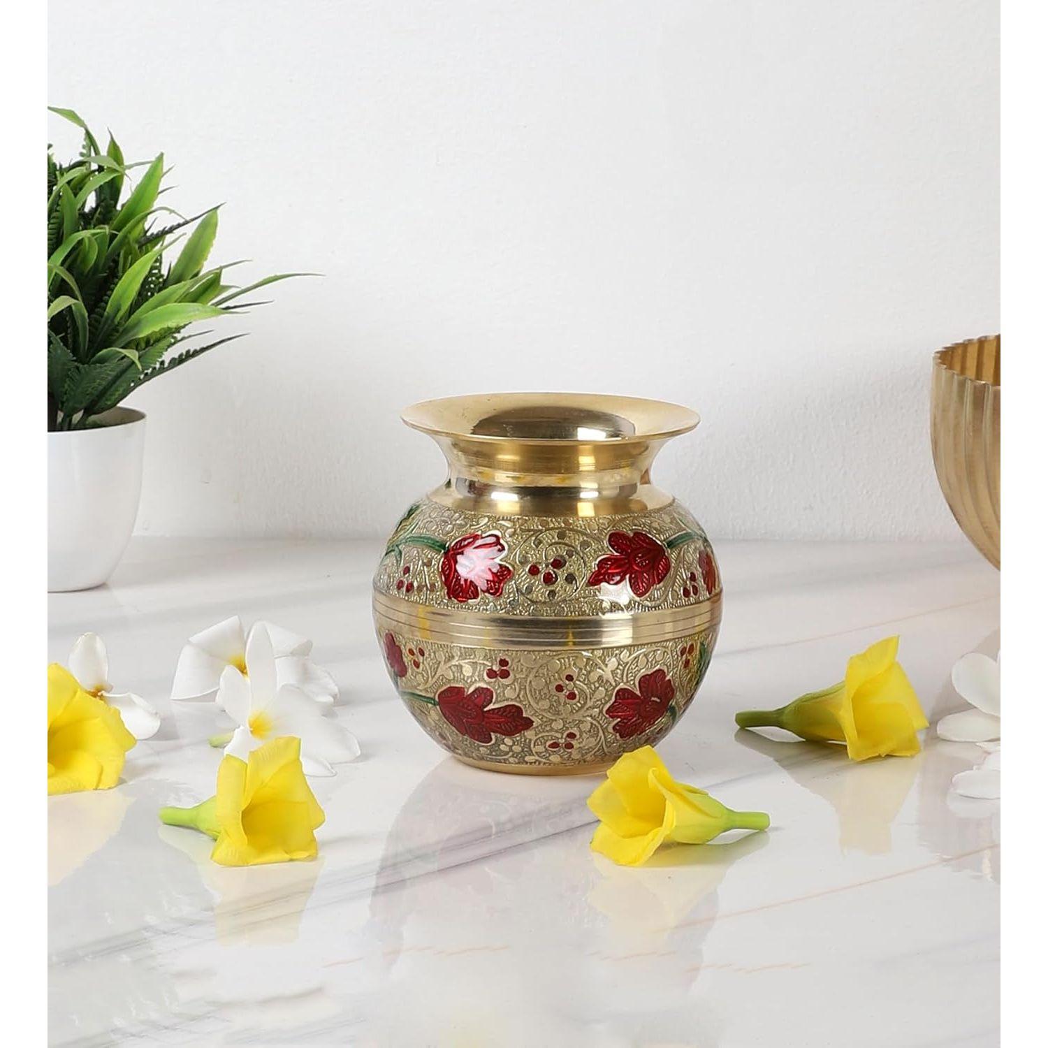Two Moustaches 4 Inches Flowers Design Brass Pooja Kalash, Kalash for Pooja Rituals, Brass Gangajali Lota, Kalash
