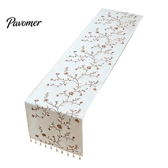 Table Runner Protects from Hot Pans Floral Embroidered Runner, Elegant Dining Cover, White Rustic with Tassels for Home Wedding Bridal Shower