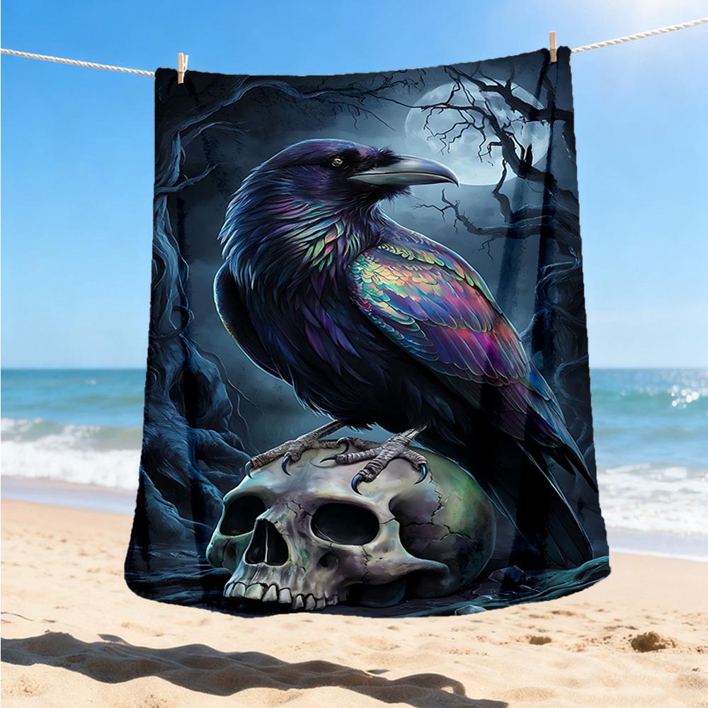 1pc Raven Skull Print Outdoor Blanket, Lightweight Polyester,