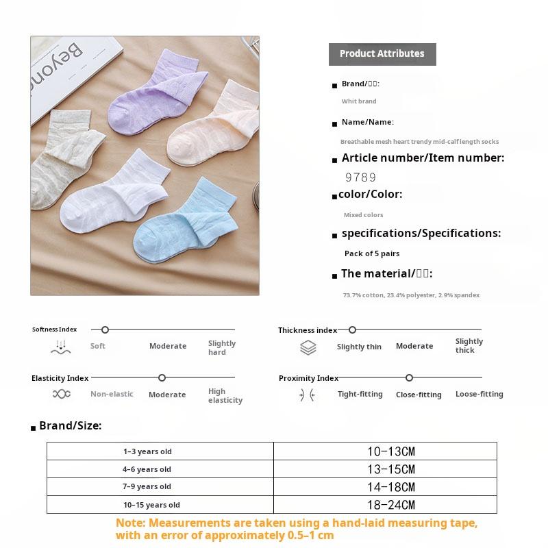 5 Pairs of Spring and Summer Children's Love Net Eye Tube Socks