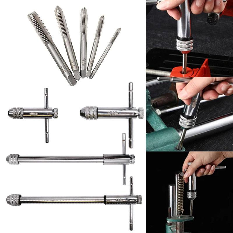 T-Handle Ratchet Tap Wrench M3-M8 M5-M12 Wrench 5Pcs Set Of M3-M8 Taps Adjustable Ratchet Hand Wrench Manual Tapping Accessories