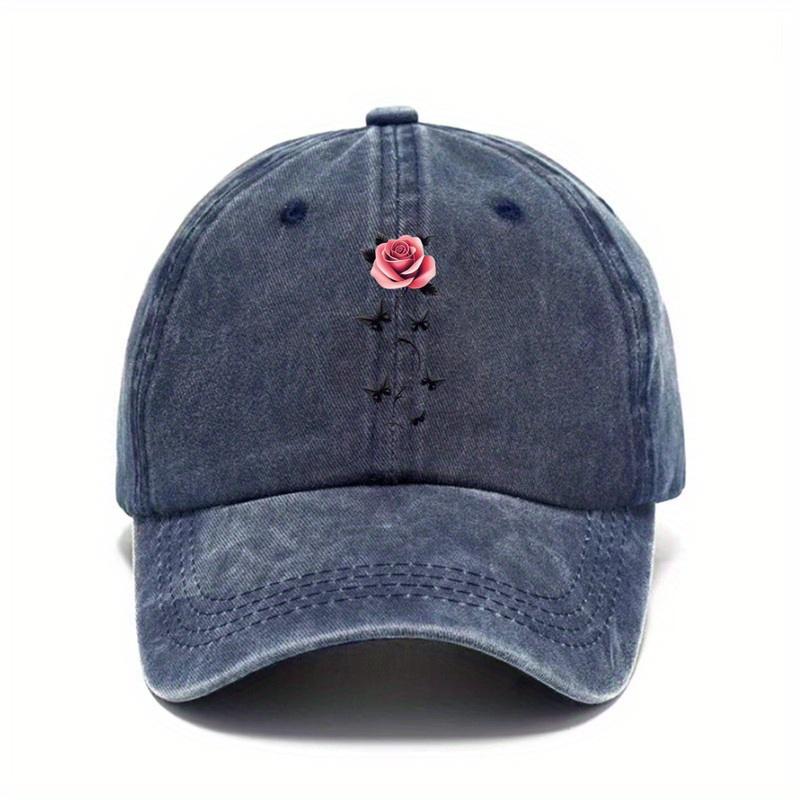 Rose And Butterflies Embroidered Baseball Cap Unisex Washed Outdoor Casual Adjustable Dad Hat