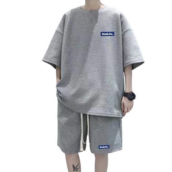 

Мужской комплект из 2 предметов, повседневный спортивный костюм, шорты, летний свободный спортивный костюм с коротким рукавом, спортивный комплект, домашняя одежда с вафельной текстурой, подходящий костюм M серый