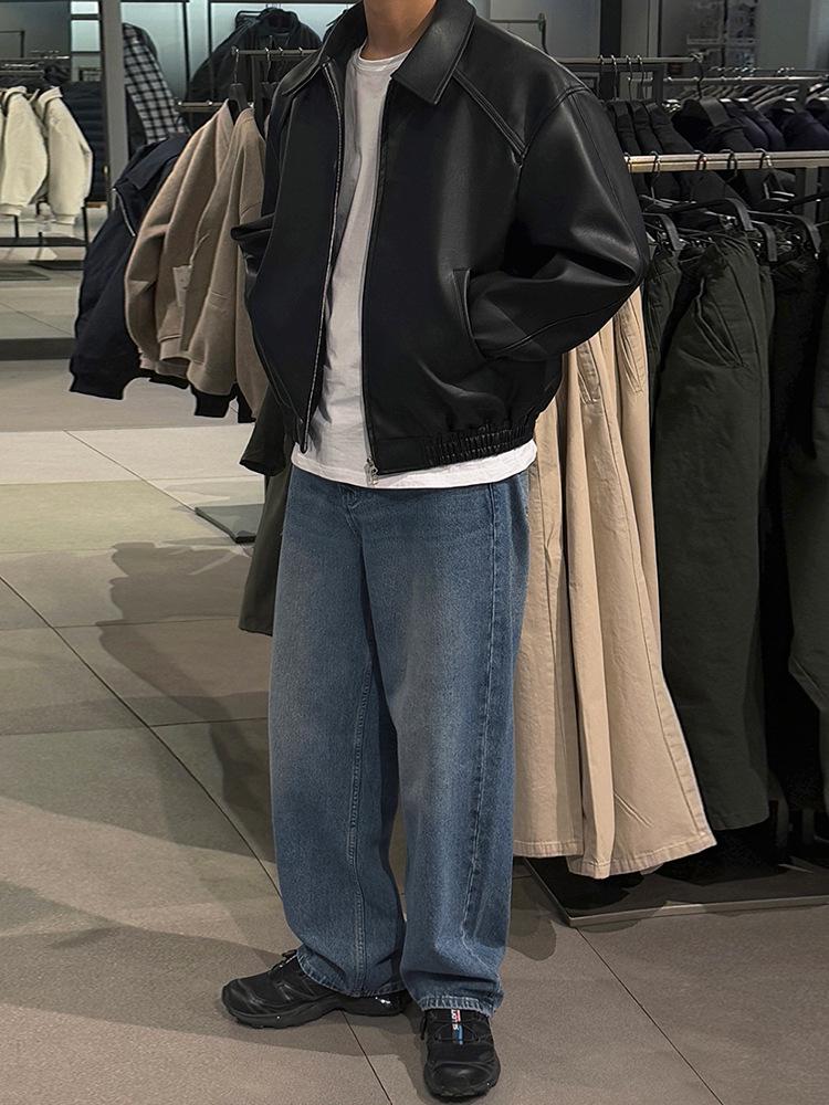 BJ Pánská Retro Podzimní Kožená Bunda - Ležérní, Pánská, Volný Střih, Korejský Styl pro do Práce s Límcem.