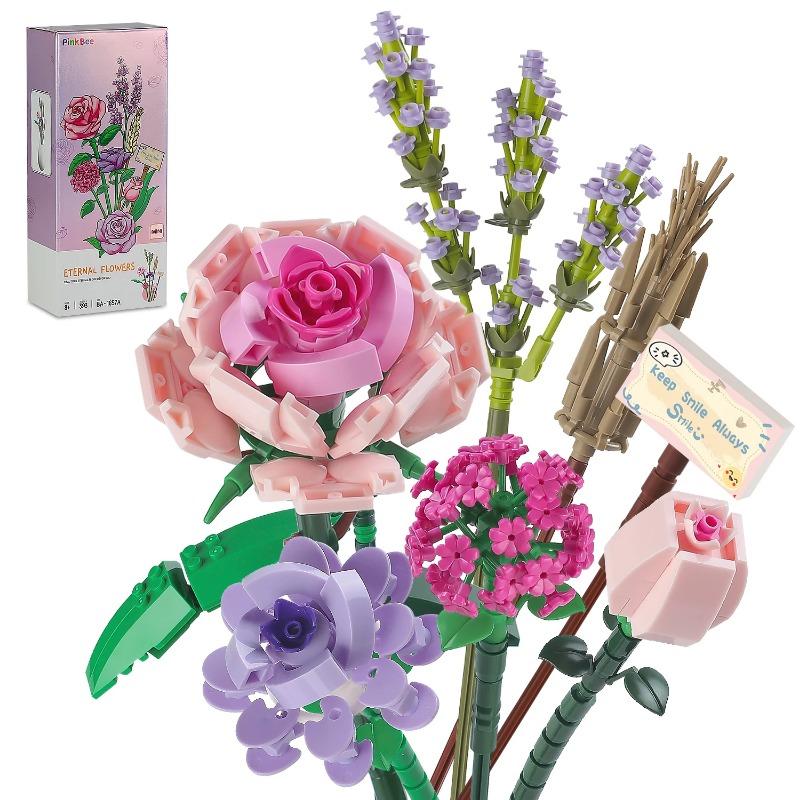 Blombukett Mini Rosa Ros Lavendel 547 st Byggklossset Kreativ Heminredning Leksakssatser Jubileumspresenter med Låda