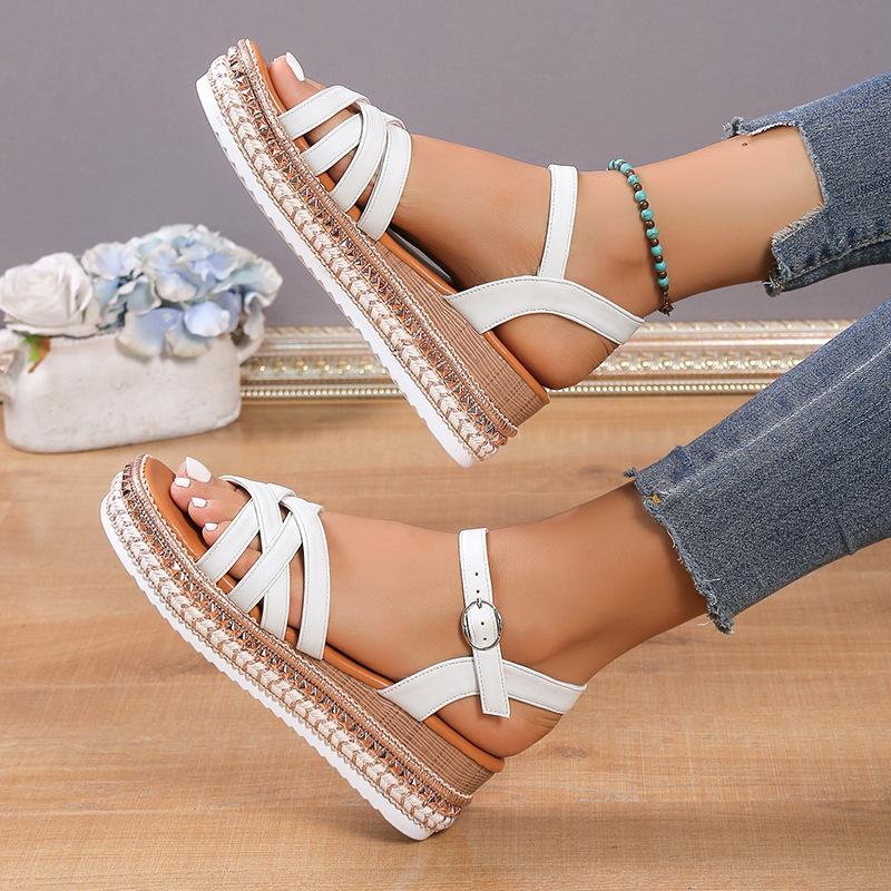 New Women's Cross-buckle Rhinestone Hemp Rope Square Head Sandals