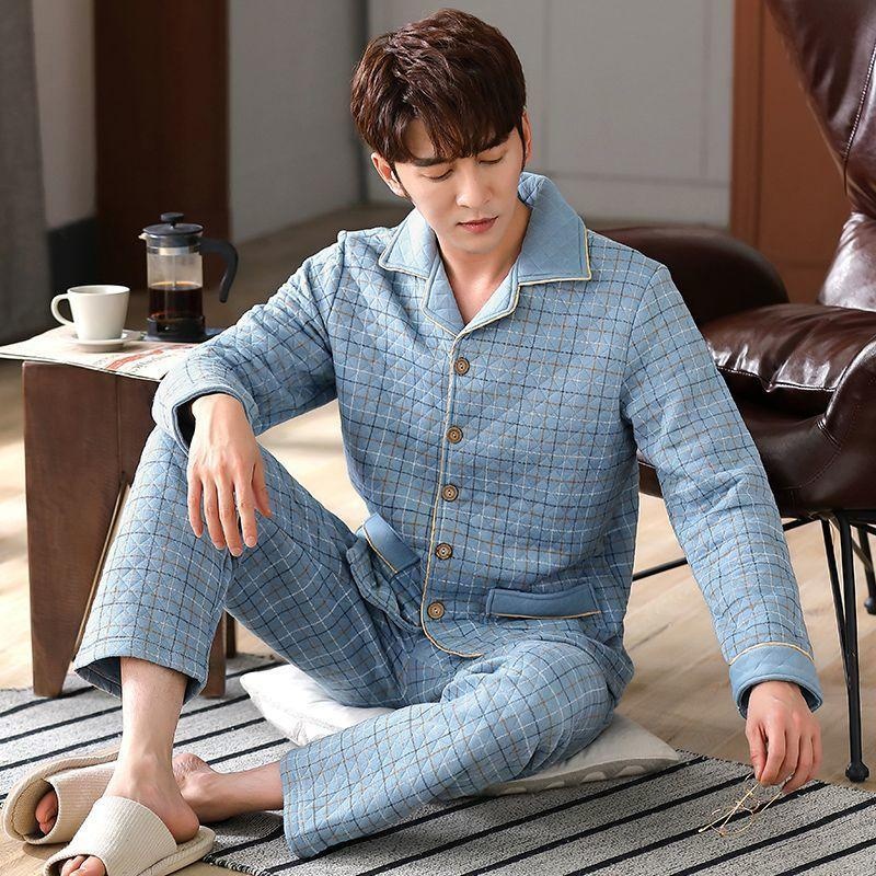 New Men Pajamas Autumn Winter Cotton Long-sleeved Loungewear Cotton Padded Plus Homewear Plus Plus Plus Size Sleepwear Suit