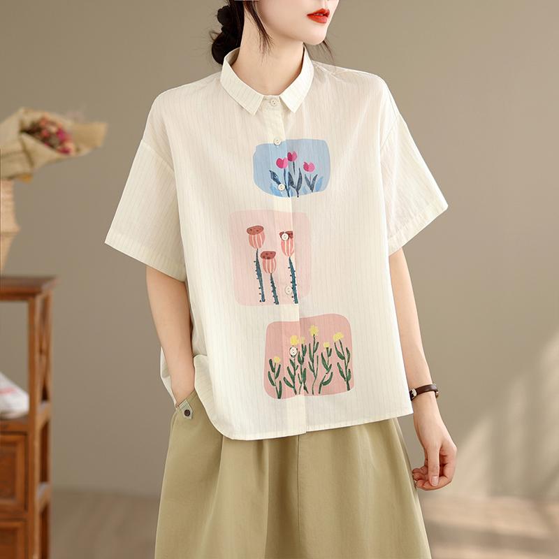 DIMANAF 2026 Women Plus Size New Summer Blouse Shirt Short Sleeve Casual Loose Print Lady Tops Shirts Cotton