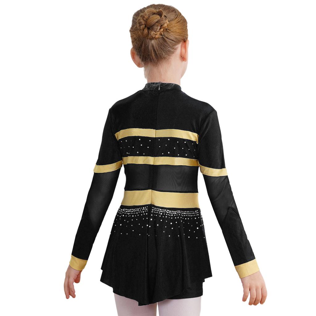 Girls One Piece Cheerleader Costume Long Sleeve Mesh Patchwork Shiny Diamonds Cheerleading Bodysuit
