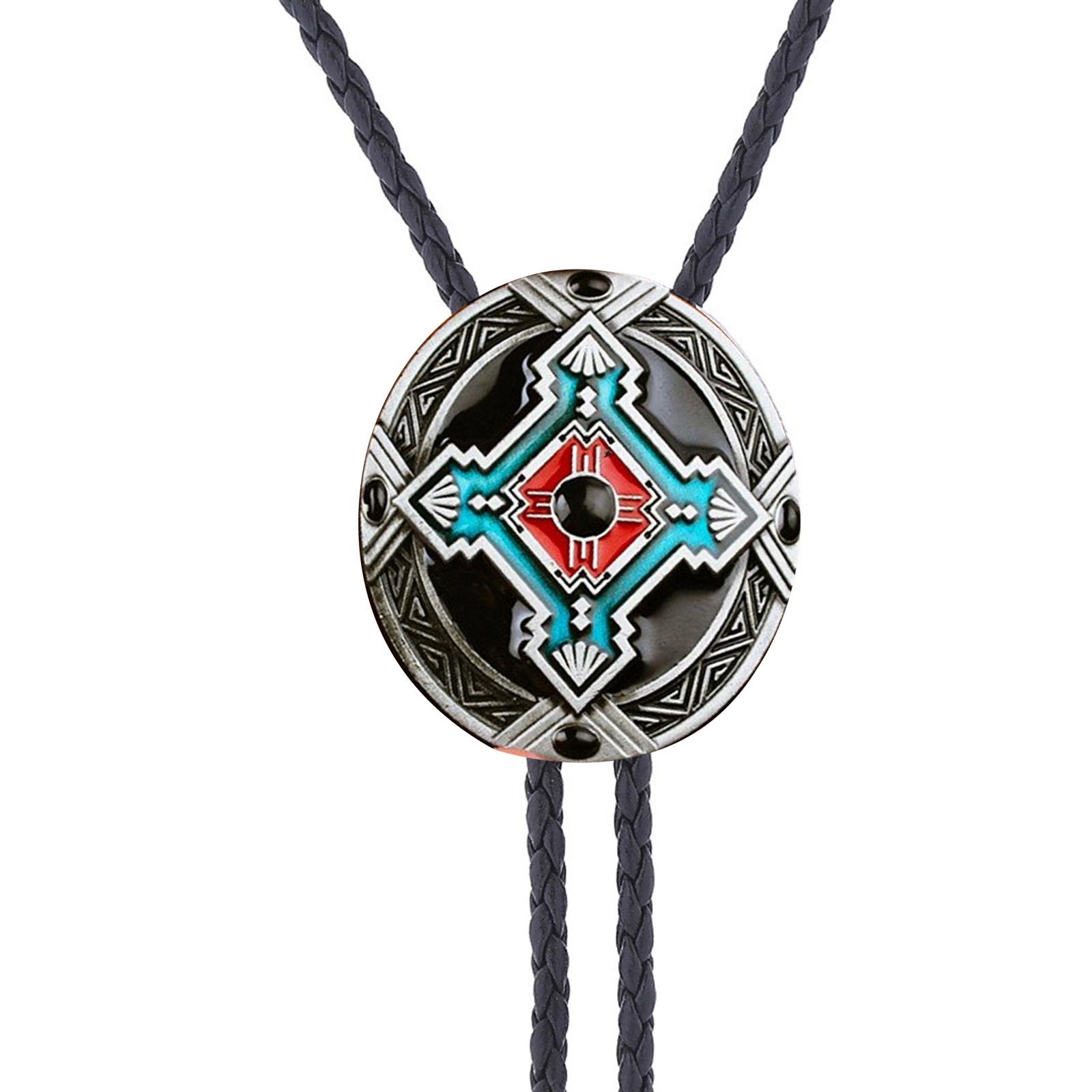

Braided Shoestring Bolo Tie with Engraving Totem Charm Cowboy Necktie Necklace Country Style Bolo Tie Cowboy