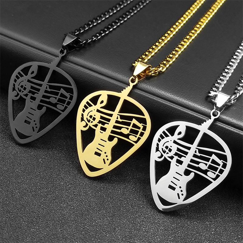 Rock Music Guitar Pick Pendant Necklace for Women/Men Stainless Steel Punk Musical Bass Chain Party Gift Jewelry 8418-QKC