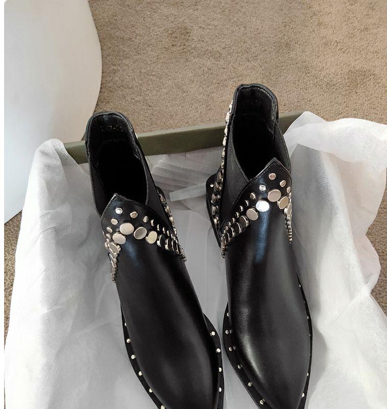 2025 Herfst/Winter Dames Puntige Neus Klinknagel Martin Laarzen - Middenhoge Hak Chunky Chelsea Enkellaarsjes