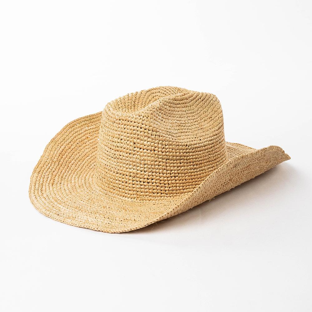 

USPOP Hand-crocheted Natural Raffia Straw Cowboy Hat for Women Men Summer Wide Brim Sun Hat Outdoor Breathable Beach Caps M 56-58cm