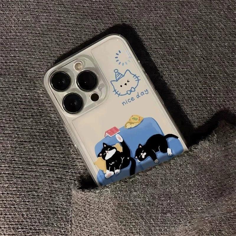 Lazy Cat Clear Phone Case, Cute Black Cat Sofa Pattern Shockproof Cover for iPhone