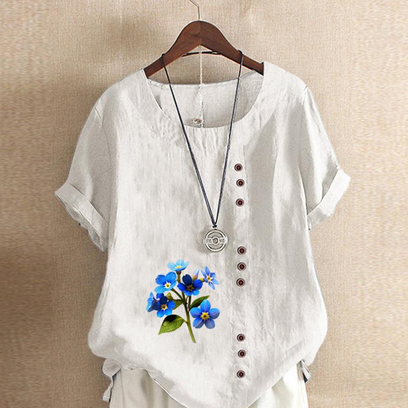 Damenmode Blumendruck Kurzarm T-Shirt Lockeres Baumwollhemd Lässige lockere Sommerbluse Tops Übergröße