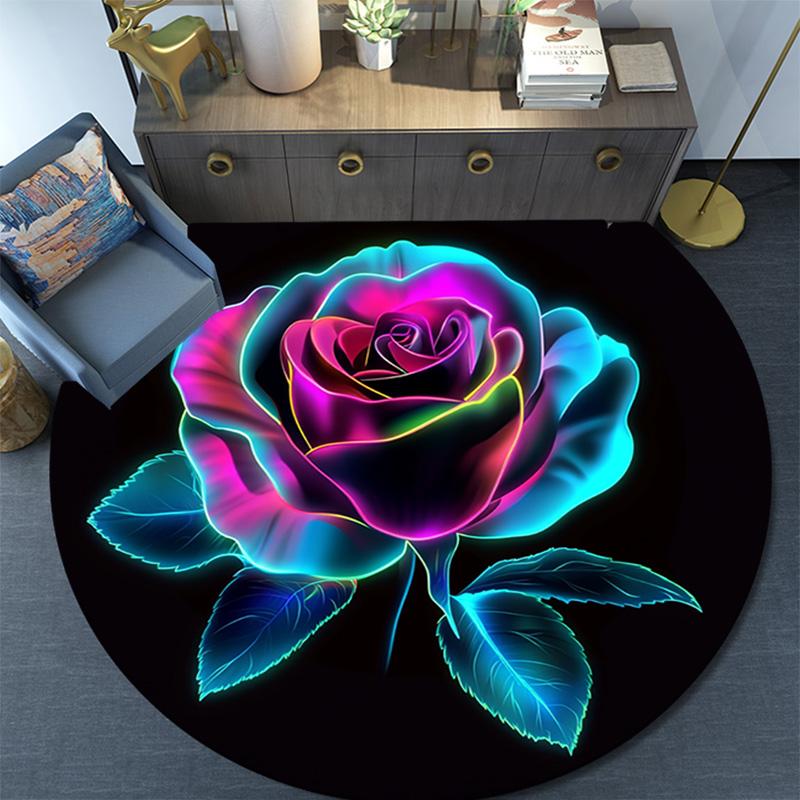 Rainbow Rose Round Area Rug,Carpet Rug for Living Room Bedroom Sofa Playroom Decor,Non-slip Floor Mat