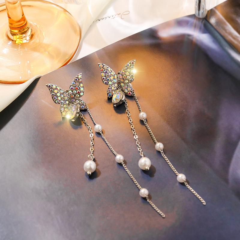 Sweet Butterfly Earrings High Sense Celebrity Style Long Style Pearl Tassels Show Face Thin Crystal Earrings Women's Ornament
