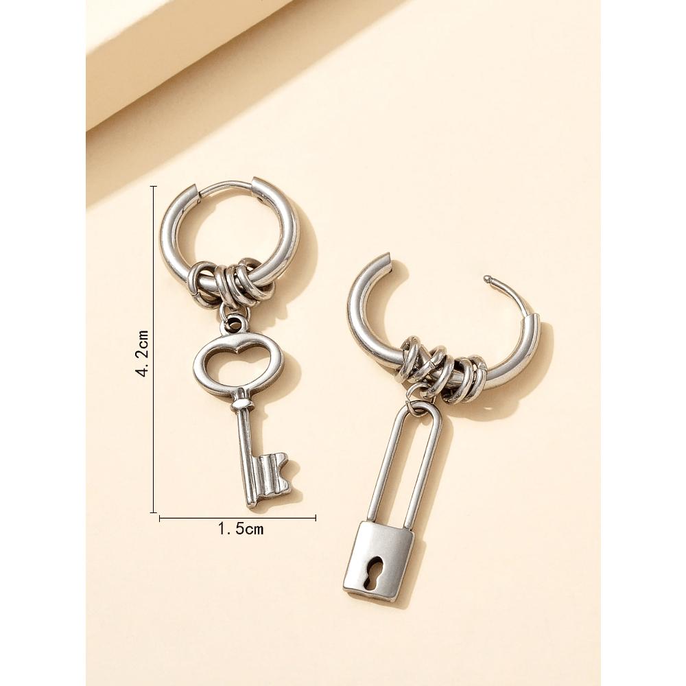 1pc Key & Lock Mismatched Drop Earrings, Stainless Steel Jewelry