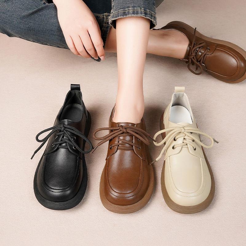 Women's British Style Leather Lace-up Loafers - Casual Soft Sole Autumn Flats
