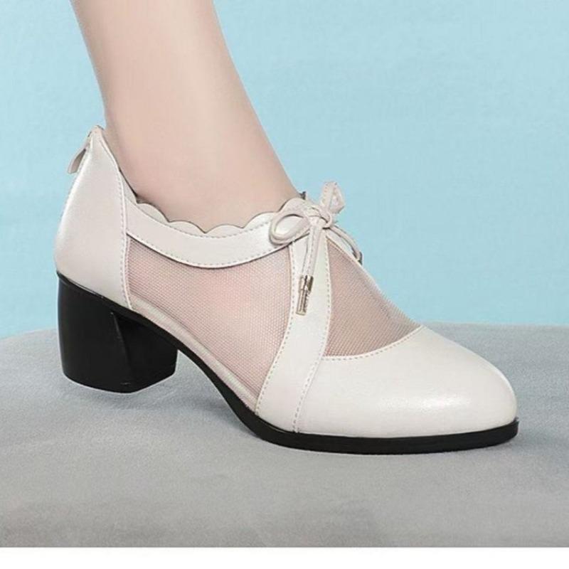 New single shoes leather medium heel thick heel summer women's fashion mesh yarn medium 2 shoes soft sole non-slip