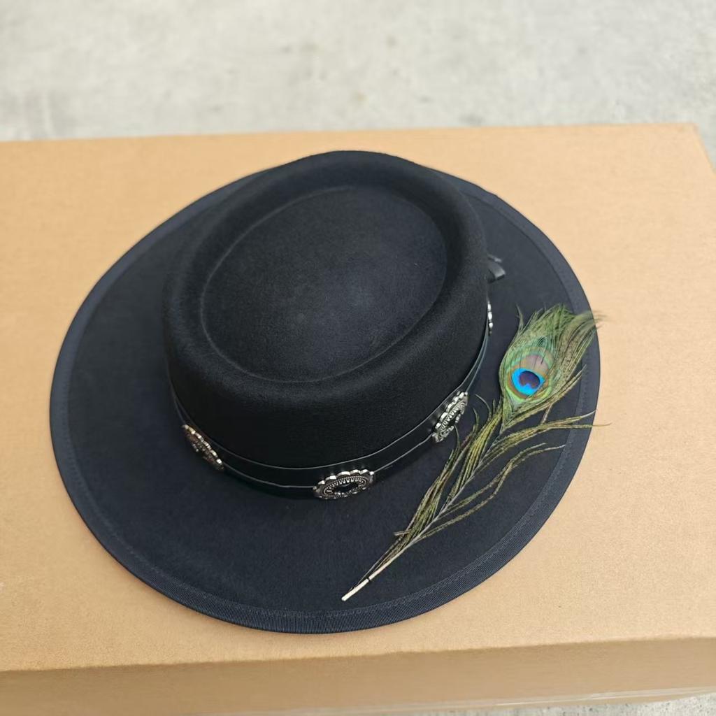 Sombreros de lana de ala plana de moda más vendidos, sombreros de copa de lana de color liso y sombreros de fieltro de lana pura tipo pork pie