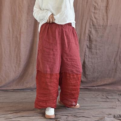 Women Vintage Patchwork Color Wide Leg Pants Elastic Waist Summer Linen Trouser Loose Women Long Pants