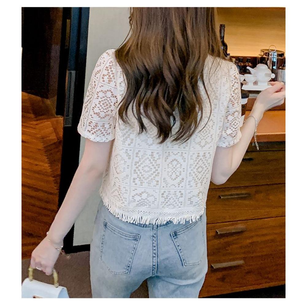 Summer New Lace Chiffon Shirt Hollow Short Shirt for Women Slim Short Sleeve Cardigan