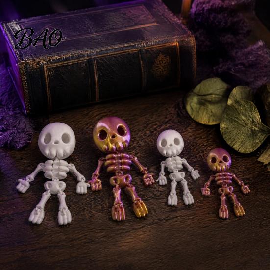 White Metallic Decor 3D Printed Cute Skeleton Figurine, Articulated Halloween Decor, Skull Ornaments Set Ornament with Movable Joints for Desktop Home