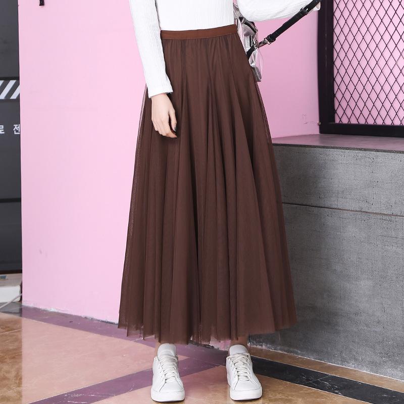 2025 High-Waist A-Line Mesh Skirt: Three-Layer Pleated Fairy Skirt for Spring & Autumn