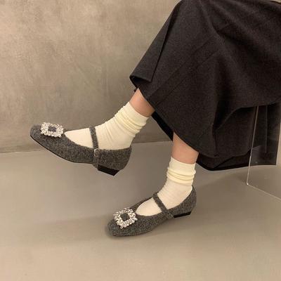 Fleece Temperament Mary Jane Schuhe Damen 2025 neu Französische eckige Zehenpartie Strass Wolle Schuhe Damen Winter flache Schuhe