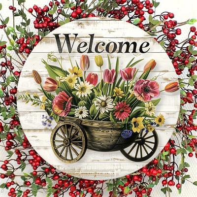Charming 7.9-inch Round Imitation Wooden Welcome Sign with Floral Pattern-perfect for Home, Room, Holiday and Coffee Shop