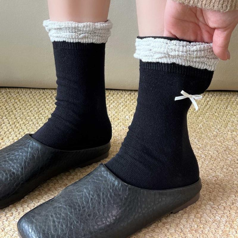 

Simple Style Ankle-length Striped Socks with Colorful Patches, Bow-tie Lace-up Socks, Pure Cotton Socks 1 pair чорний