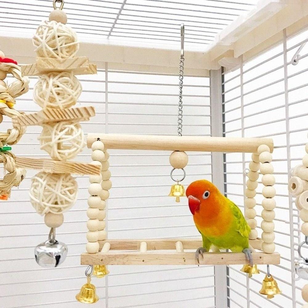 8Pcs Set Wood Parrot Set Bell Perch Swing Combination Bird Toys Hanging Hammock Stand Pole Parrot Training Toys for Parakeet
