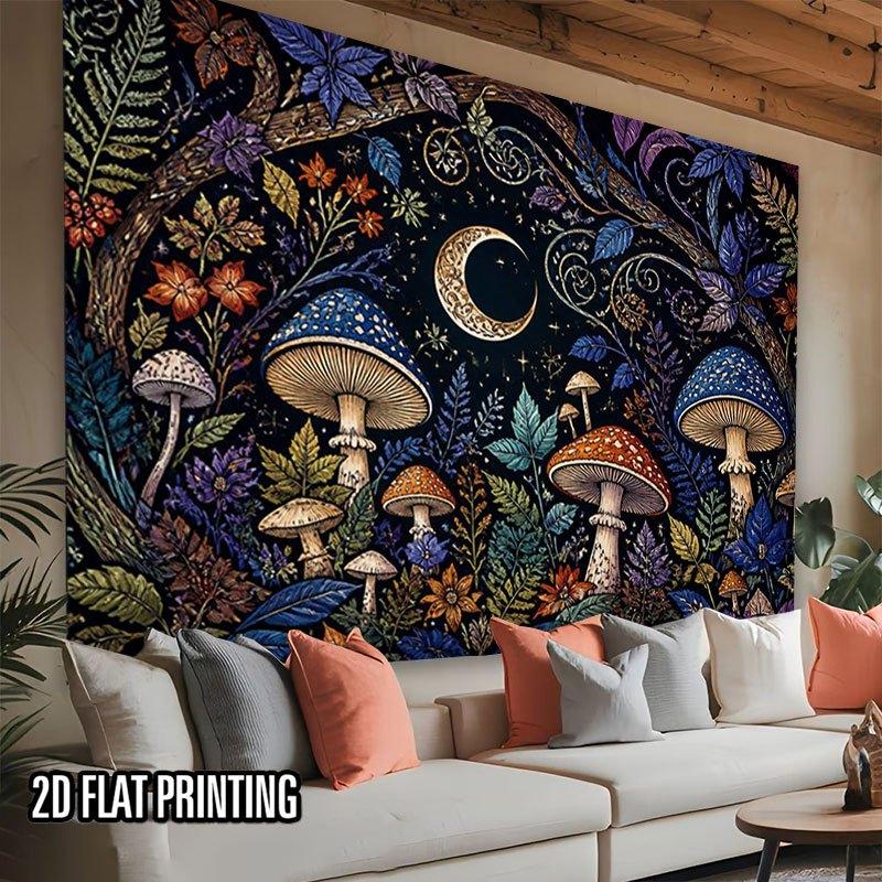 2D Flat - 2D Flat - 1pc 2D Flat Tapestry Mystical Forest Night Scene Tapestry Featuring Mushrooms And Stars Intertwined in a Magical Natural Landscape