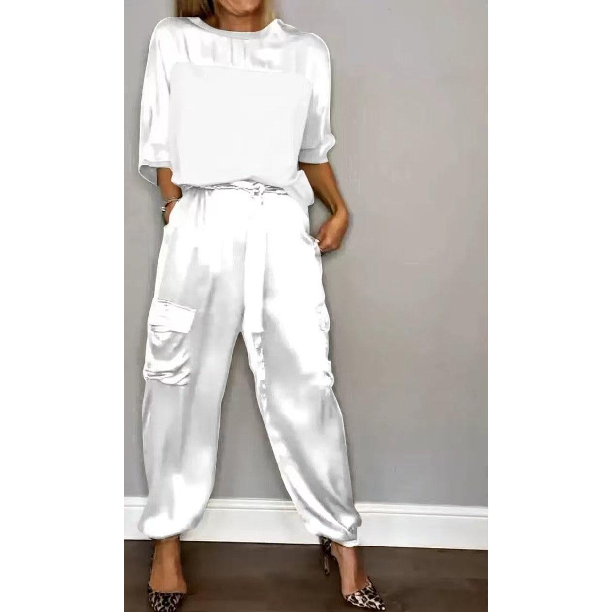 

Элегантный женский комплект из гладкого атласа с изображением уличного пейзажа, рубашка из гладкого атласа с коротким рукавом, повседневные брюки, спортивный комплект из двух предметов, большой размер S белый