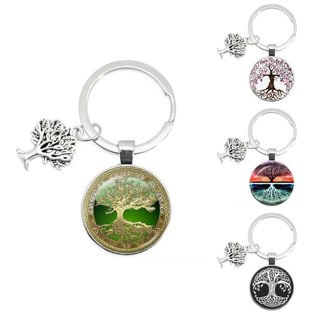 Modern Minimalist Tree Of Life Glass Keychain With Silver Alloy Pendant For Gift Giving