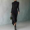 Elegant High Neck Wrap Dress With Cinched Waist Asymmetrical Hem Womens Knit Midi Winter 2025