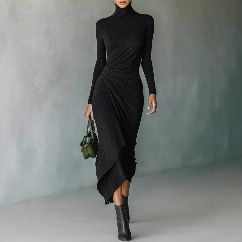 Elegant High Neck Wrap Dress With Cinched Waist Asymmetrical Hem Womens Knit Midi Winter 2025