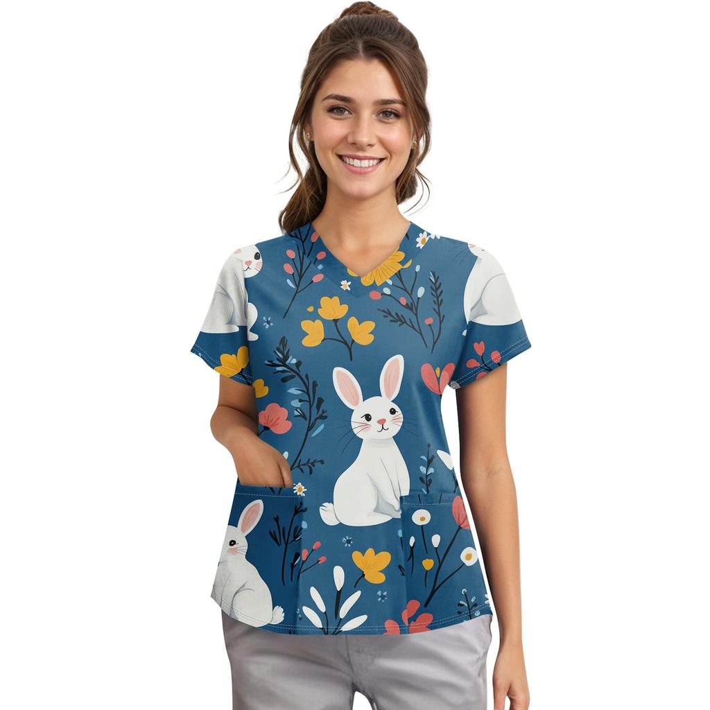 Women's Fashion V-neck Short Sleeve Workwear With Pockets Printed Tops