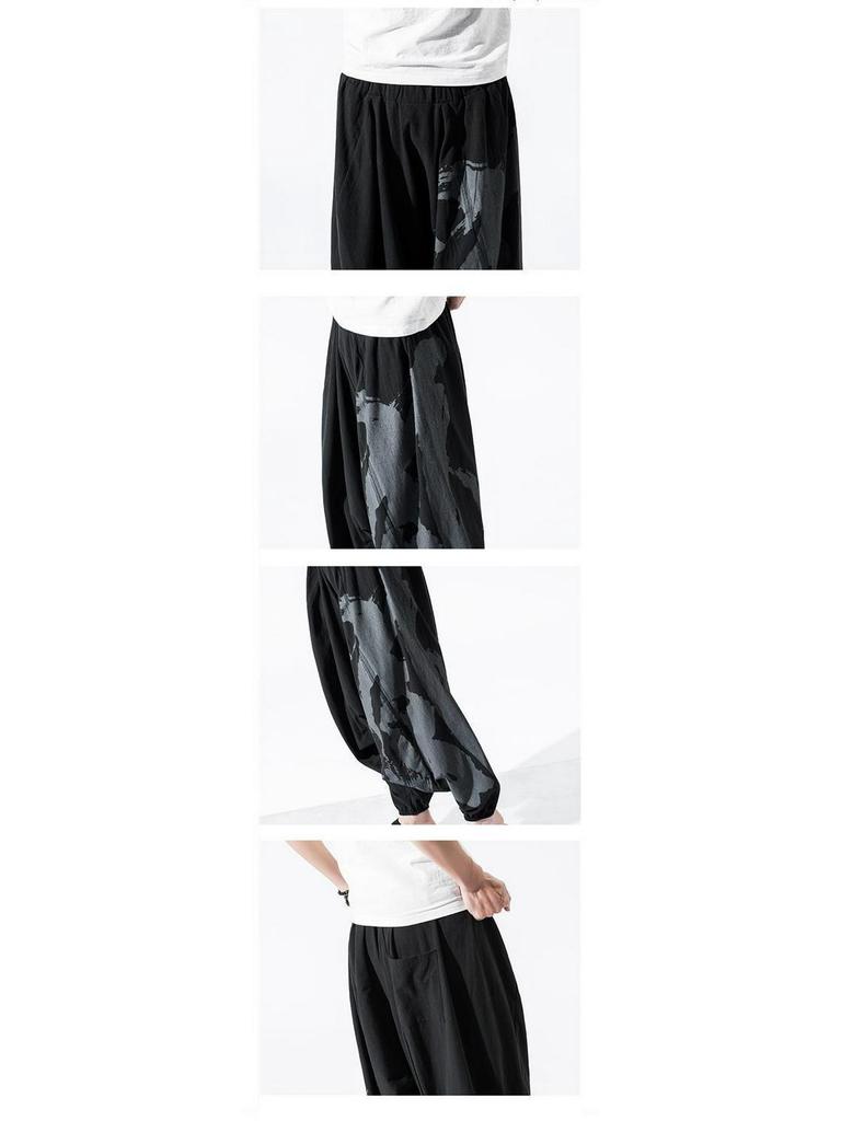 Men's Buddha-Style Loose-Fit Cotton & Linen Pants - Low Crotch, Nine-Point Baggy Japanese Design, Plus Size Available
