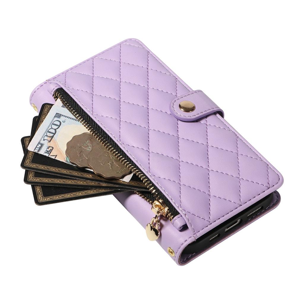 Pro iPhone 16 Peněženkové pouzdro s popruhy, Kosočtvercové kožené pouzdro na telefon se stojánkem