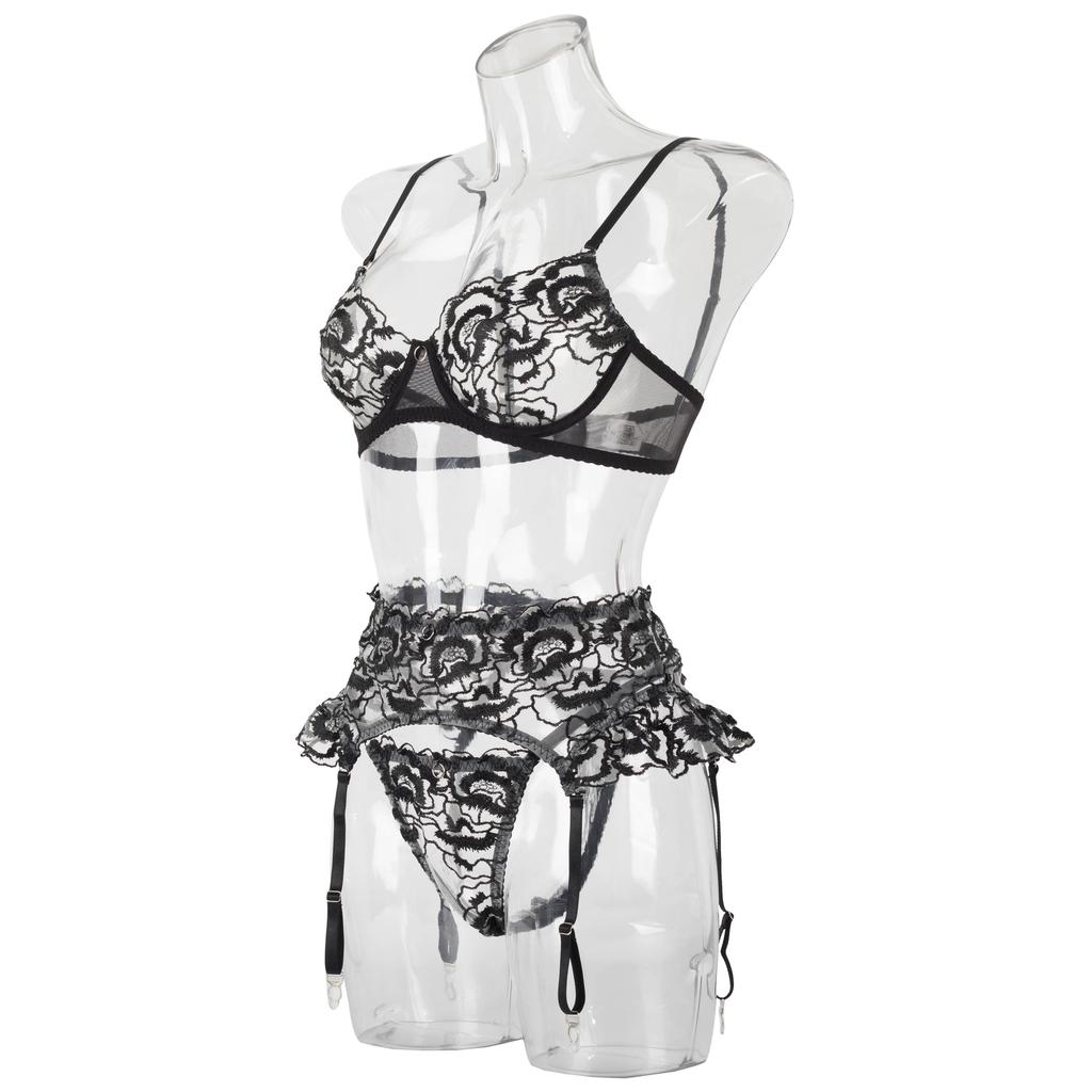 2023 Hot Selling Black Sexy Lingerie Set Women Sex Underwear 3 Piece Set Lasce Embroidery Seduce Sexy Lingerie