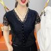 Women's Summer Short Sleeve Elegant V-Neck Lace Patchwork Clothing Design Pearl Button T-shirt