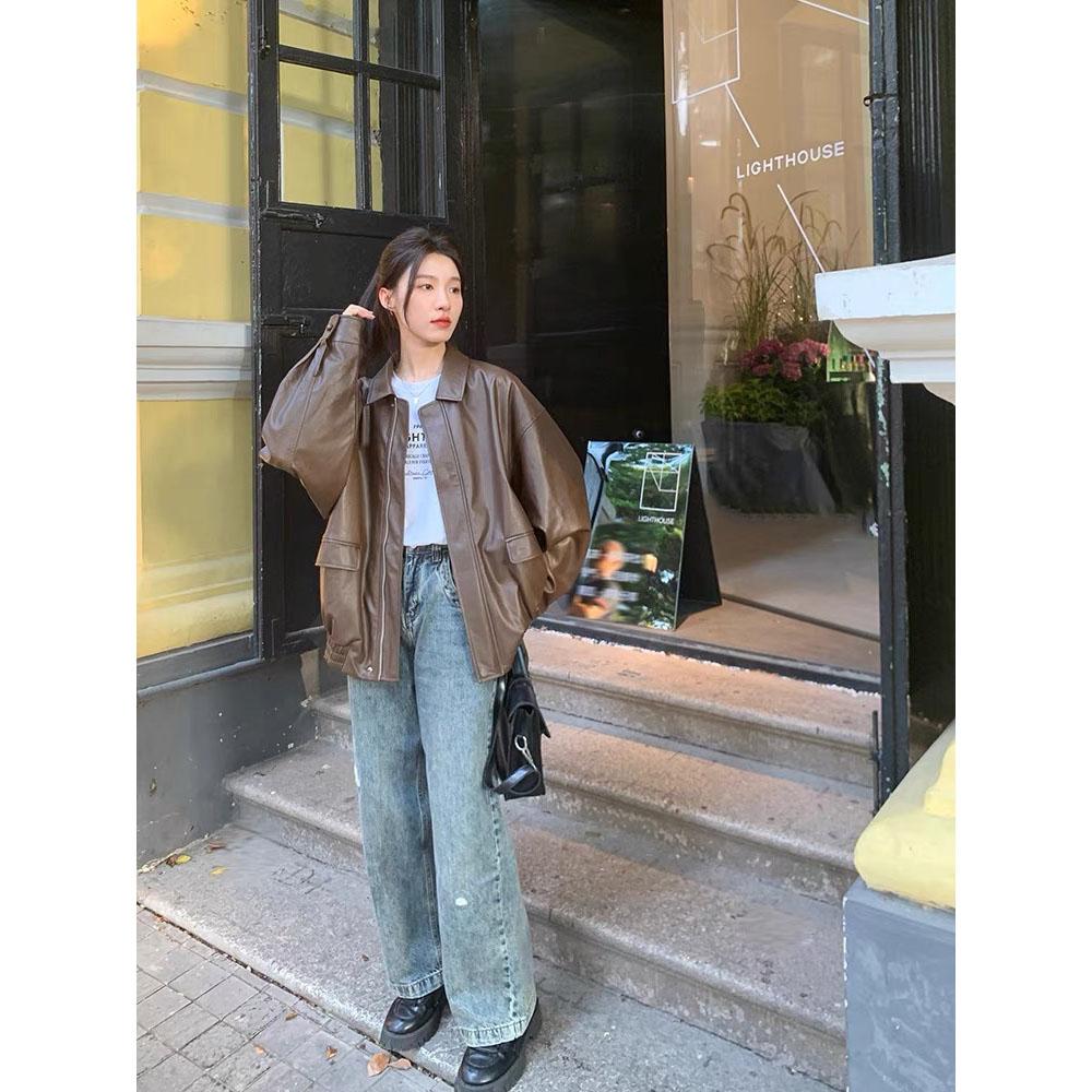 Brown Leather-Like Jacket Women's Hong Kong Style Autumn Winter Loose Fit American Vintage Motorcycle Jacket Top