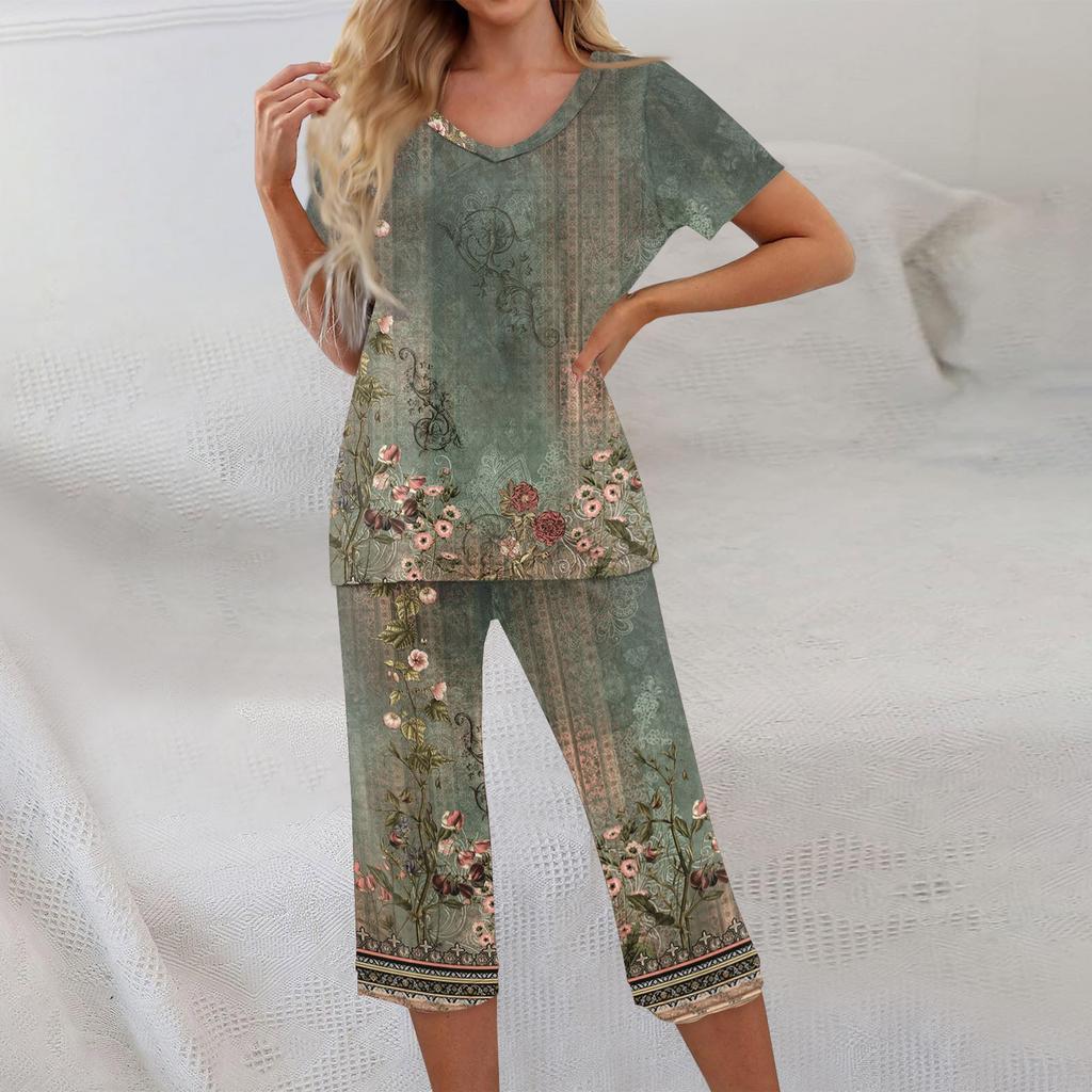 2 Piece Sets For Women Short Sleeve Top And Pants With Pockets Workout Soft Floral Print Sets