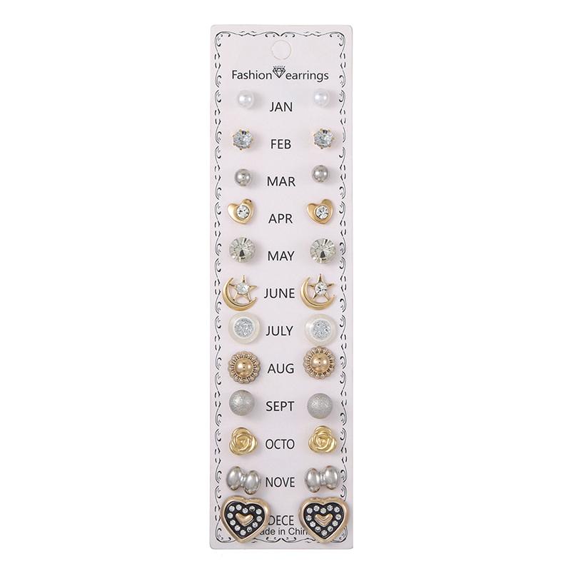 12 Floral Diamond Earrings Set Combination Stud Earrings Set A Variety Of Alloy Stud Earrings
