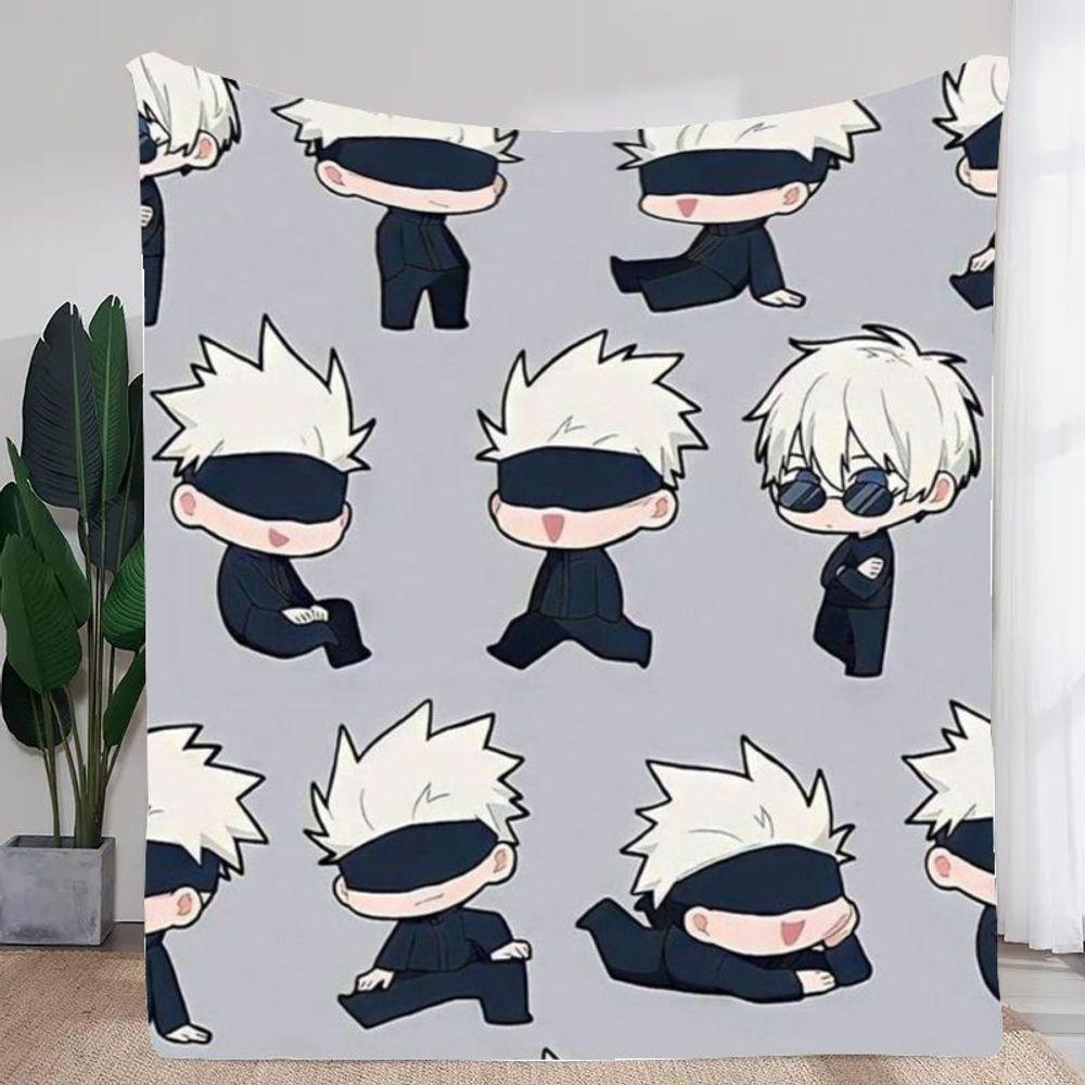 Charming Chibi Characters Throw Blanket - Soft Light Gray Fleece Blanket Featuring Adorable White-Haired Characters in Black Out