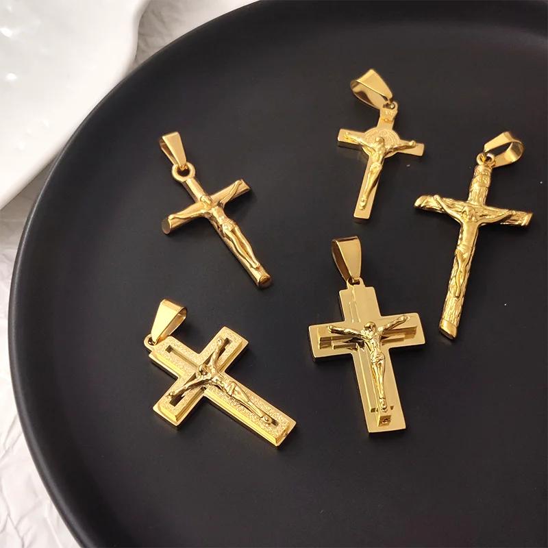 Jesus Cross Gold Plated Stainless Steel Pendant Necklace For Men Unisex Religious Waterproof Jewelry Accessories